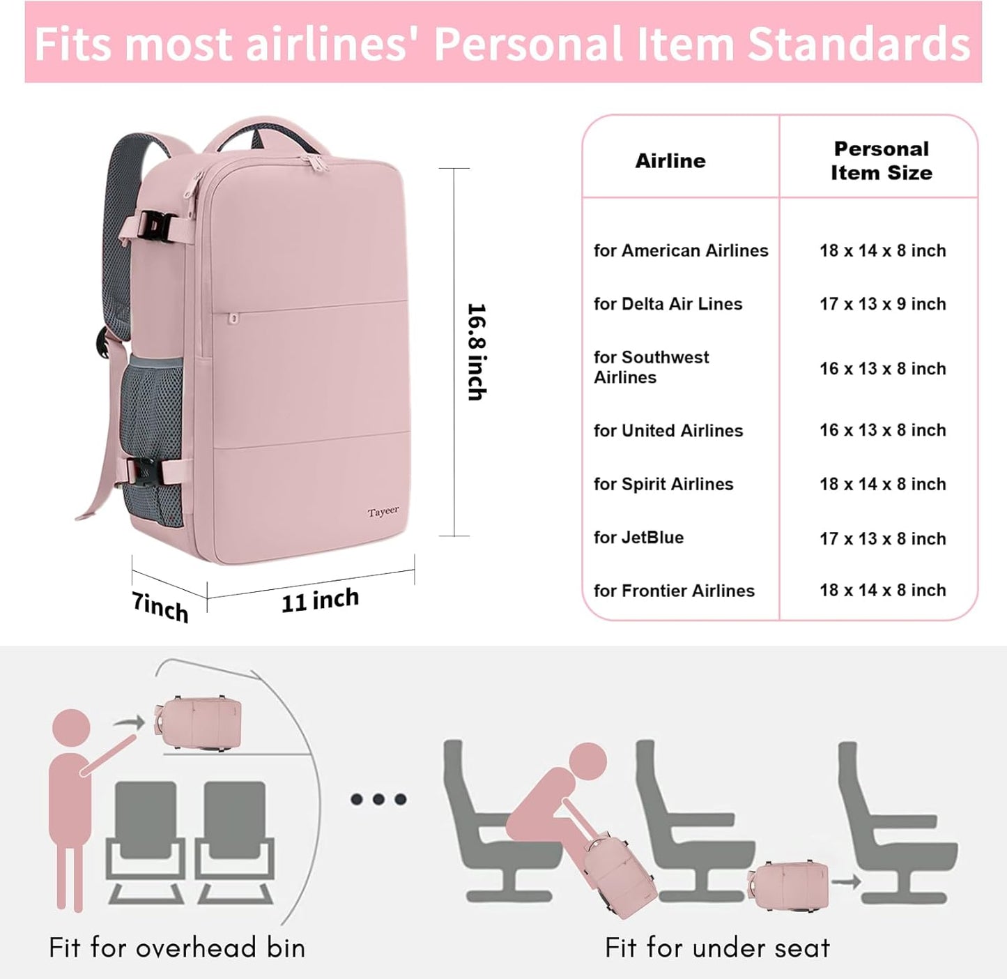 Taygeer Travel Backpack Pink Carry-On Laptop Bag 15.6" TSA Approved