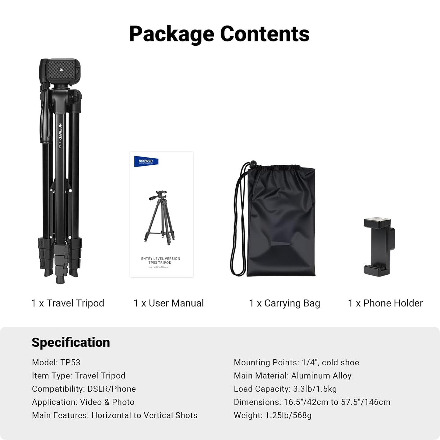 NEEWER Camera Tripod TP53 Lightweight Stand with Phone Holder