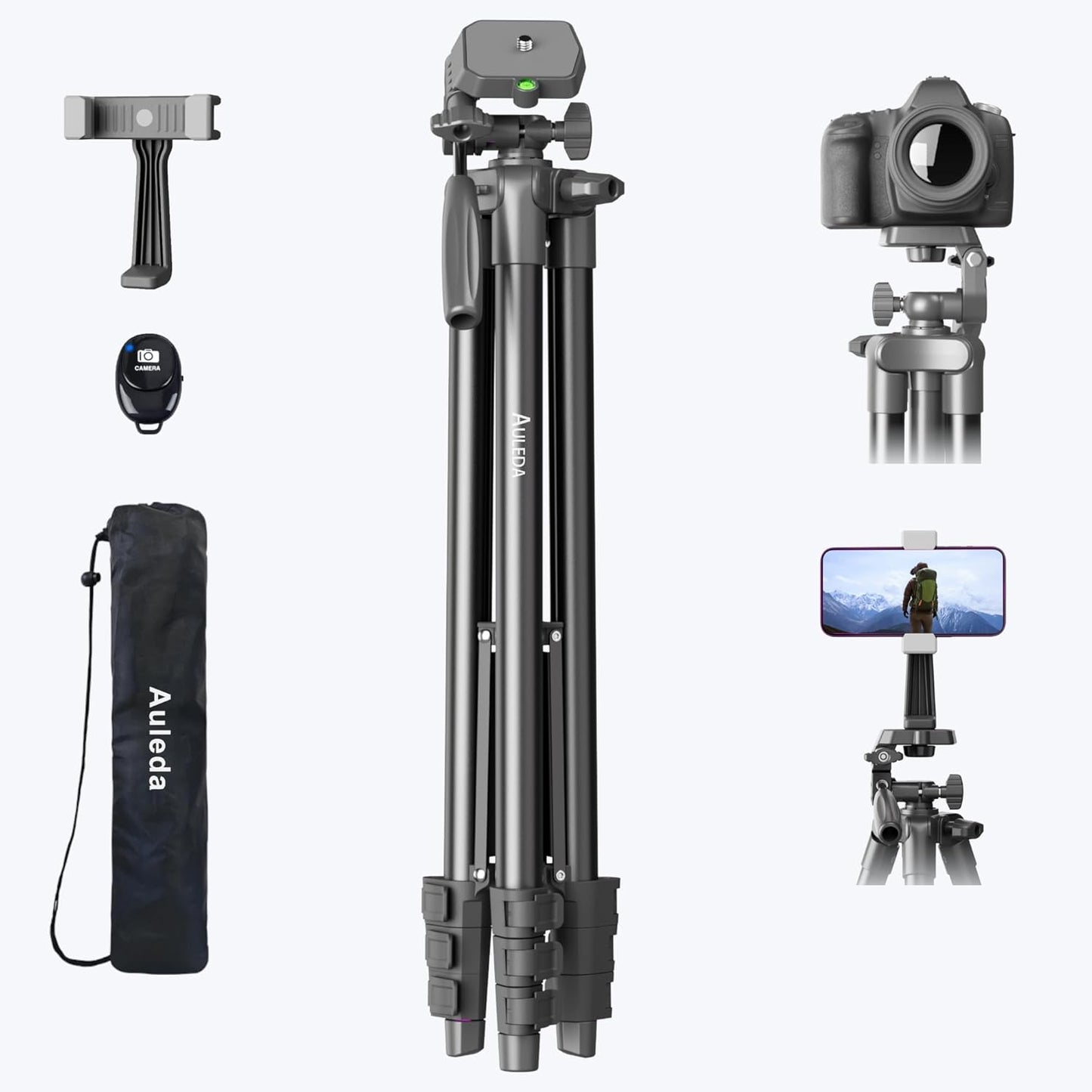 Camera Tripod 71″ Aluminum Tall Stand with Remote & Phone Holder