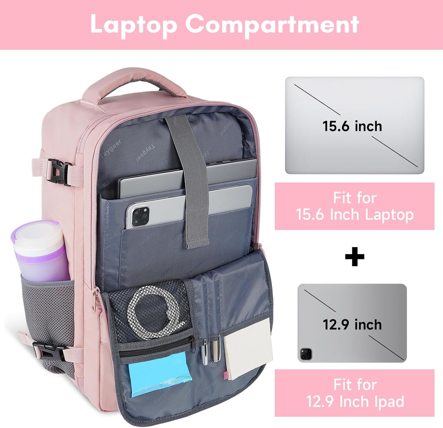 Taygeer Travel Backpack Pink Carry-On Laptop Bag 15.6" TSA Approved
