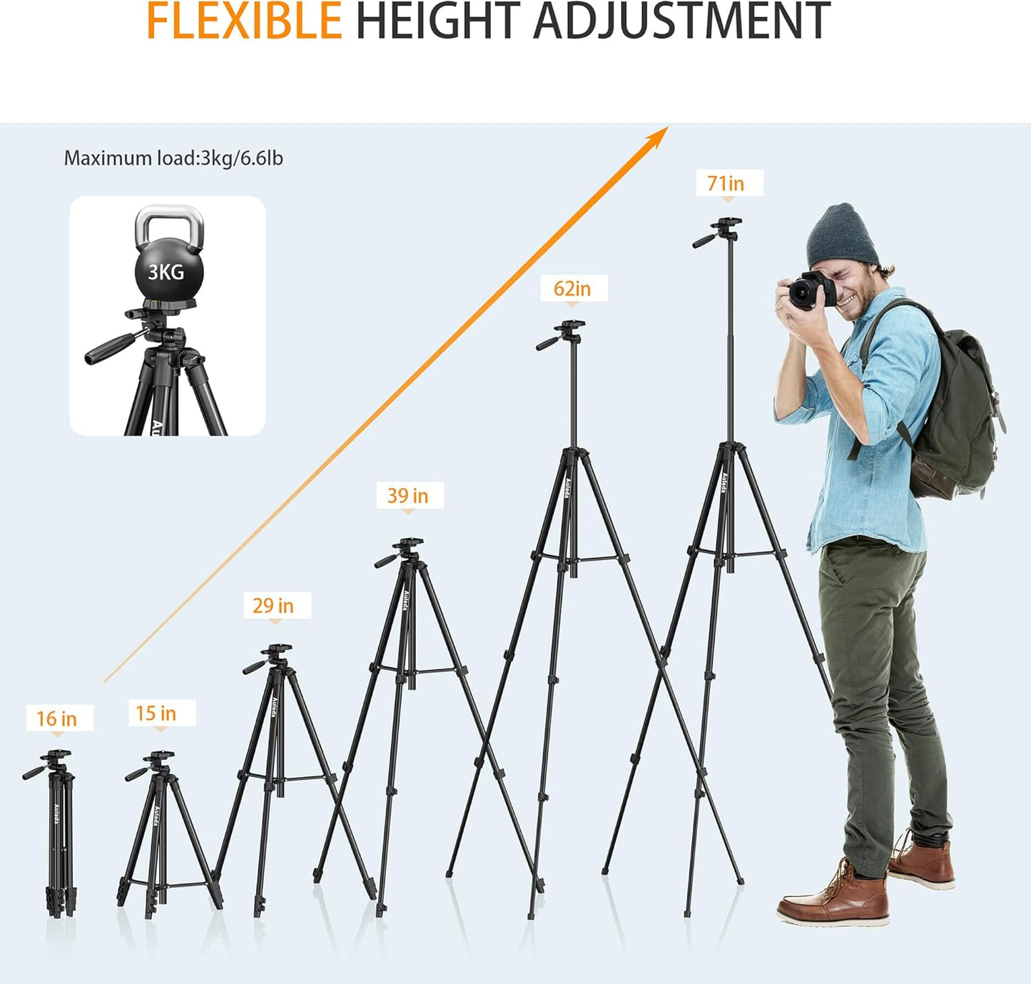 Camera Tripod 71″ Aluminum Tall Stand with Remote & Phone Holder