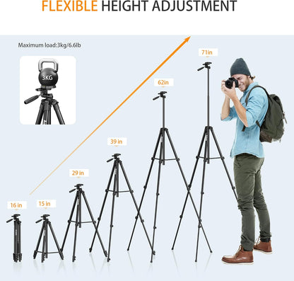 Camera Tripod 71″ Aluminum Tall Stand with Remote & Phone Holder