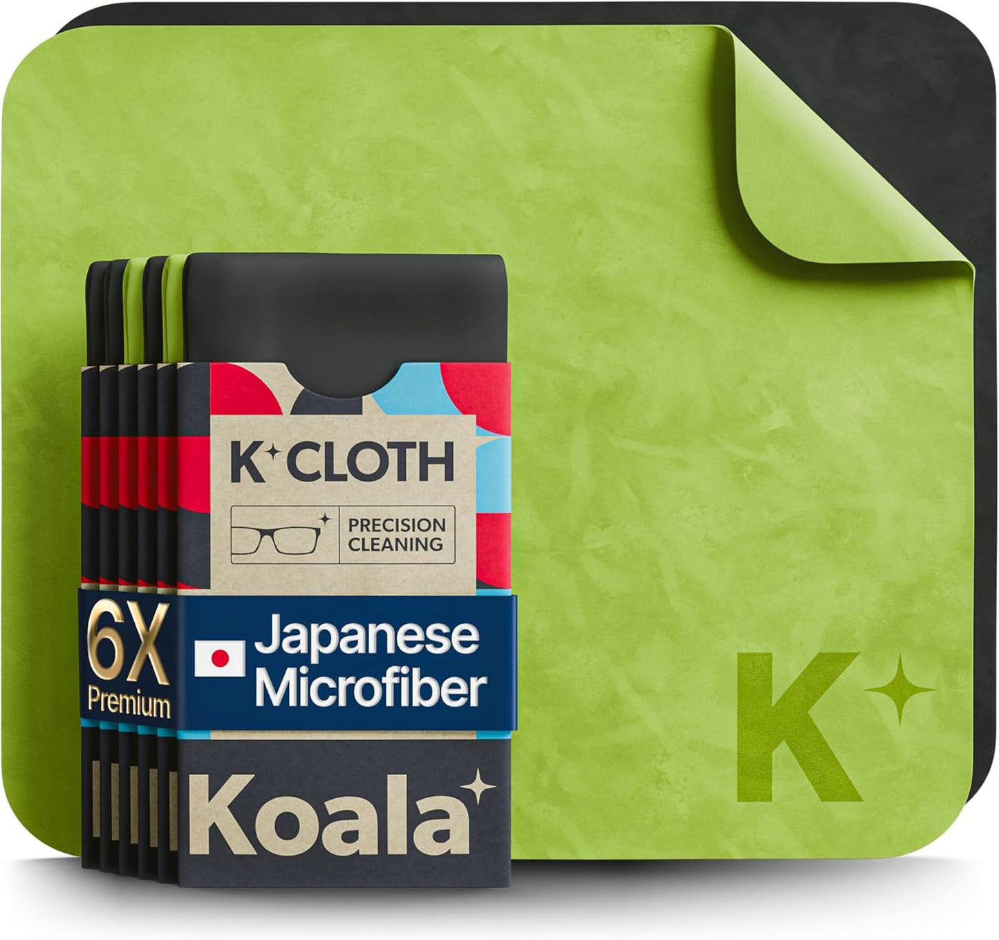 Koala Japanese Microfiber Lens Cleaning Cloth Pack of 6 – Premium Eyeglass, Camera, VR/AR Headset & Screen Cleaner Cloths Black & Green