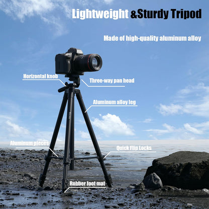 Camera Tripod 71″ Aluminum Tall Stand with Remote & Phone Holder