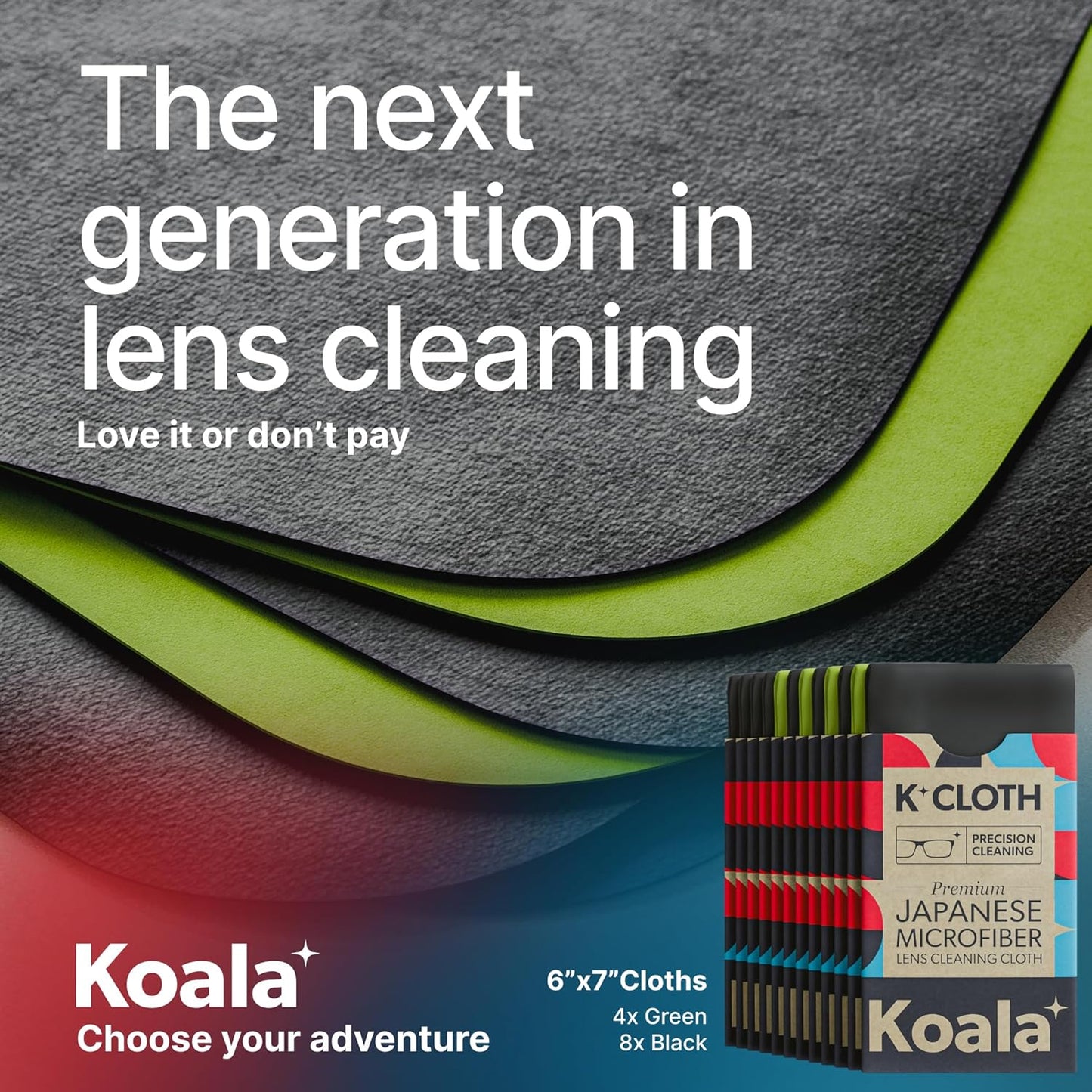 Koala Japanese Microfiber Lens Cleaning Cloth Pack of 6 – Premium Eyeglass, Camera, VR/AR Headset & Screen Cleaner Cloths Black & Green