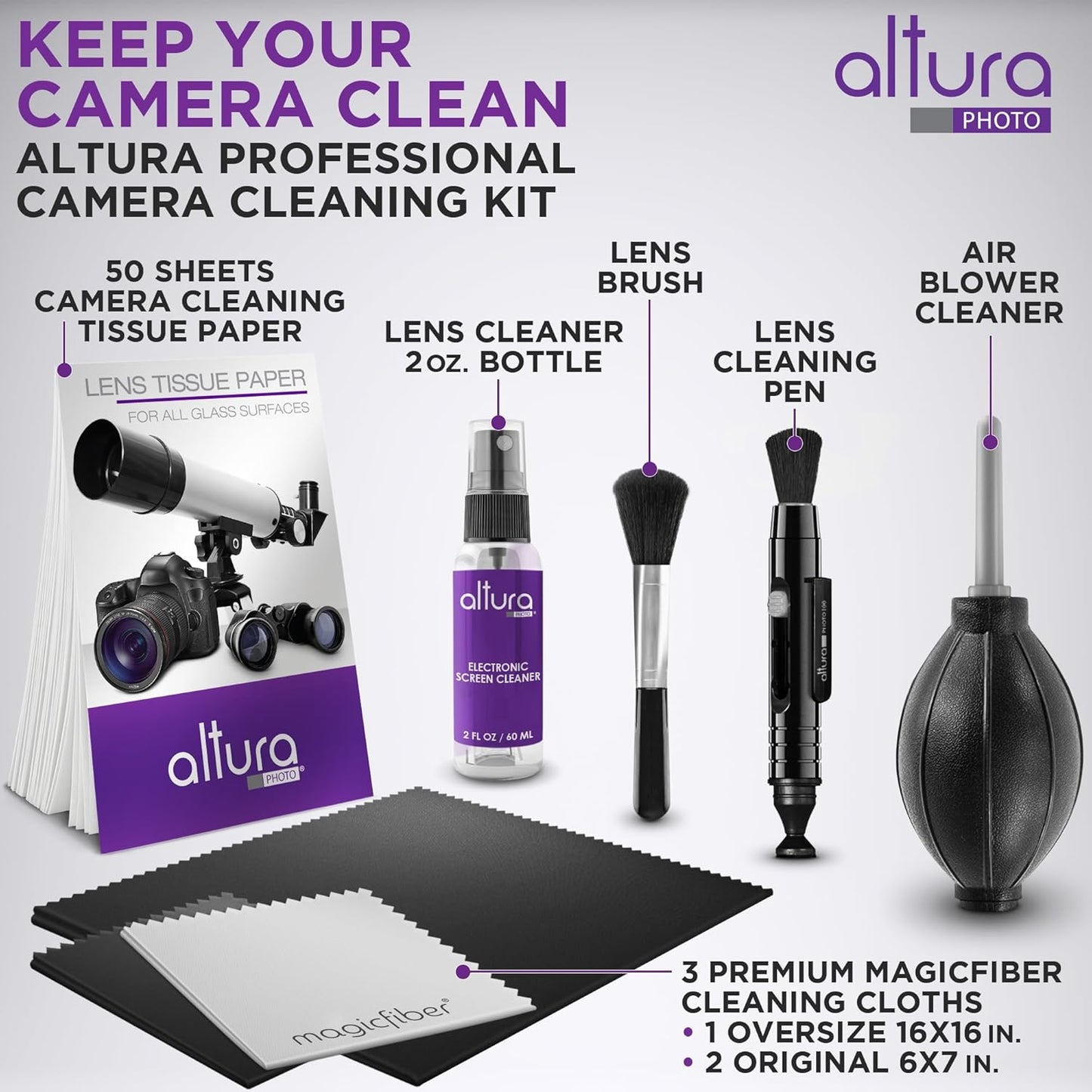 Altura Photo Camera Cleaning Kit - Camera Photography Accessories (Air Blower, Brush, Pen, Lens Cleaner Spray, Microfiber Cleaning Cloths, Tissue Wipes) for Canon Nikon ZR Sigma Tamron Sony Pentax
