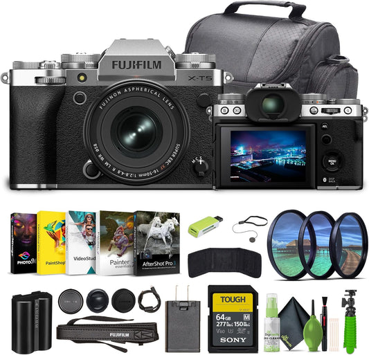 Fujifilm X-T5 Professional Compact Digital Mirrorless Camera with XF 16-50mm f/2.8-4.8 Lens Kit Bundle with 64GB UHS-II SDXC Memory Card + Vlogging Tripod + Travel Bag + More (Silver)