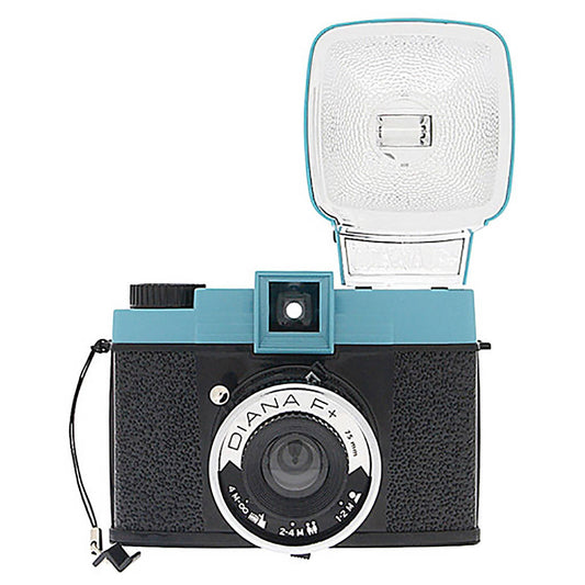 Lomography Diana F+ HP700 120 format medium format camera Includes removable 75mm lens Two shutter speeds Zone focusing system 12 and 16-shot modes Multiple and partial exposures Endless panorama mode Comes with pinhole function Color: Teal and Black