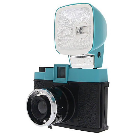 Lomography Diana F+ HP700 120 format medium format camera Includes removable 75mm lens Two shutter speeds Zone focusing system 12 and 16-shot modes Multiple and partial exposures Endless panorama mode Comes with pinhole function Color: Teal and Black