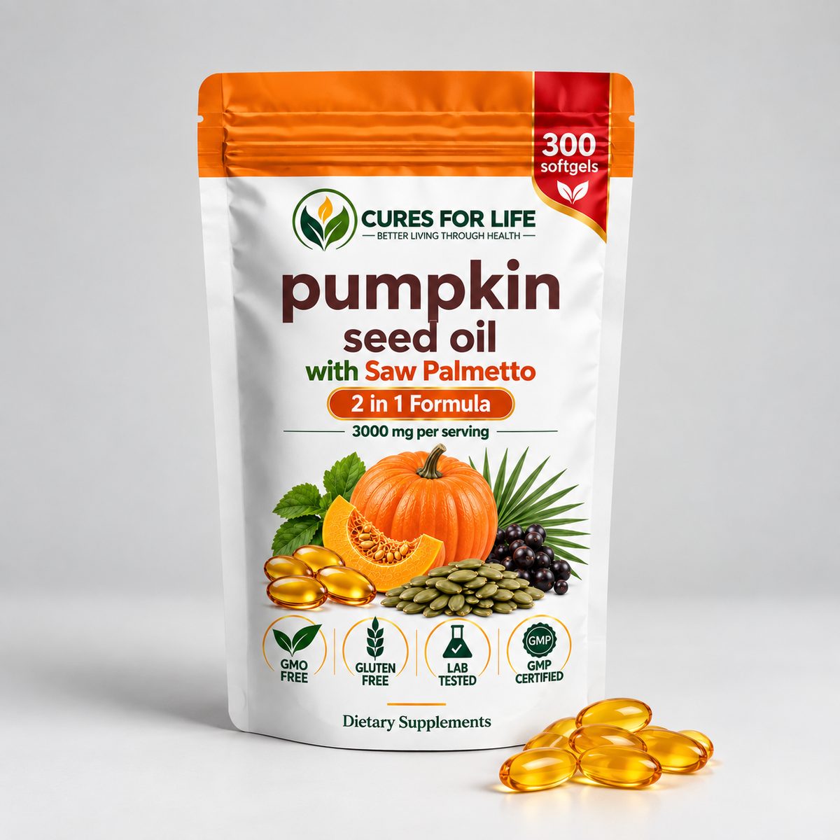 Pumpkin Seed Oil with Saw Palmetto – 3000mg Per Serving, 300 Softgels | Cold Pressed Virgin Oil | Supports Prostate, Bladder, Urinary & Hair Health | Non-GMO